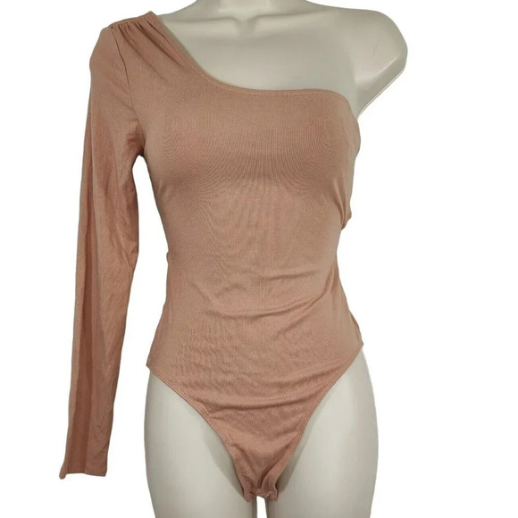 Astr Bodysuit One Shoulder Thong Open Back Women Size S Tan Long Sleeve - Picture 1 of 6